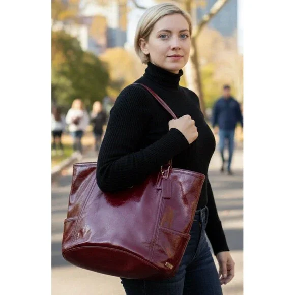 COLE HAAN Dijon Wine Red Patent Leather Side Pocket Totebag 17"L x 6"W x 20"H - Picture 1 of 8